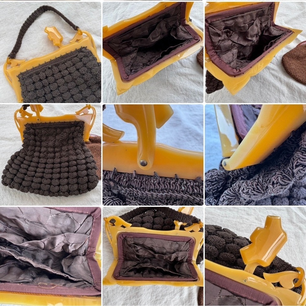 Vintage Levin Corde Handbag Brown Butterscotch Bakelite Frame Coin Purse 1940s